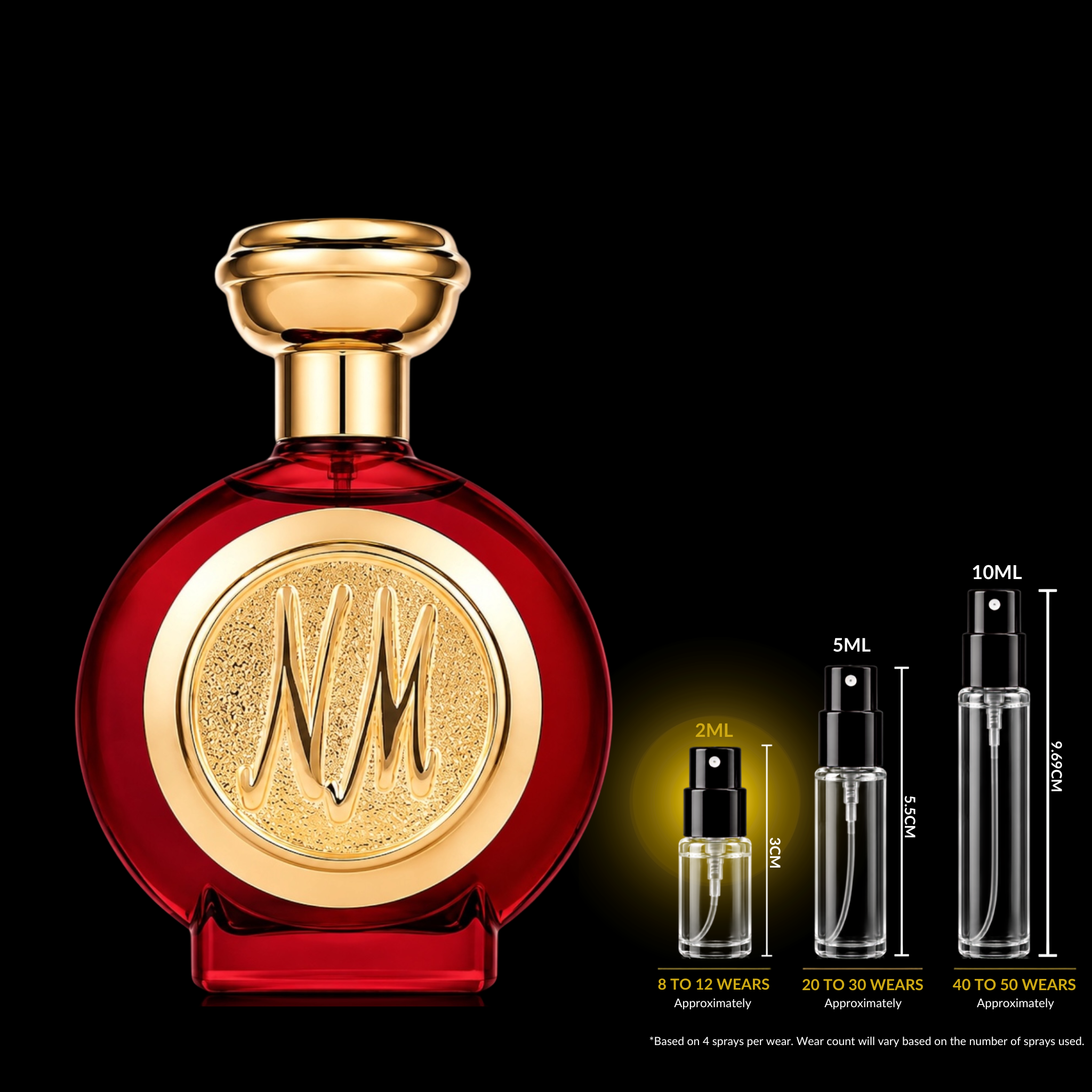 A red and gold perfume bottle with a gold emblem on the front, shown on a black background with three small spray bottles labeled 2ML, 5ML, and 10ML and text indicating approximate spray counts.
