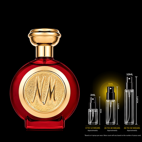 A red glass perfume bottle with a gold cap and a gold circular emblem featuring the stylized letters 'NM', shown on a black background. To the right, three smaller spray vials are labeled 2ML, 5ML, and 10ML with wear counts 8 to 12, 20 to 30, and 40 to 50 respectively.