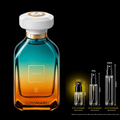 A luxury perfume bottle labeled AOMAK by LOUMARI, featuring a blue-to-orange gradient glass body with a white cap and gold accents, shown alongside three smaller spray vial sizes on a black background.