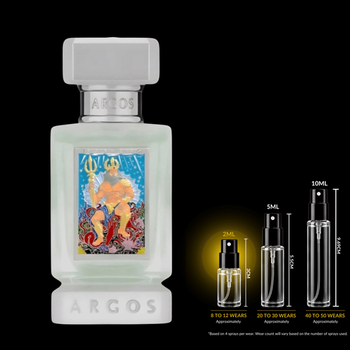 Perfume bottle with decorative label and size measurement chart on a black background
