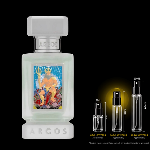 Perfume bottle with decorative label and measurement chart on a black background