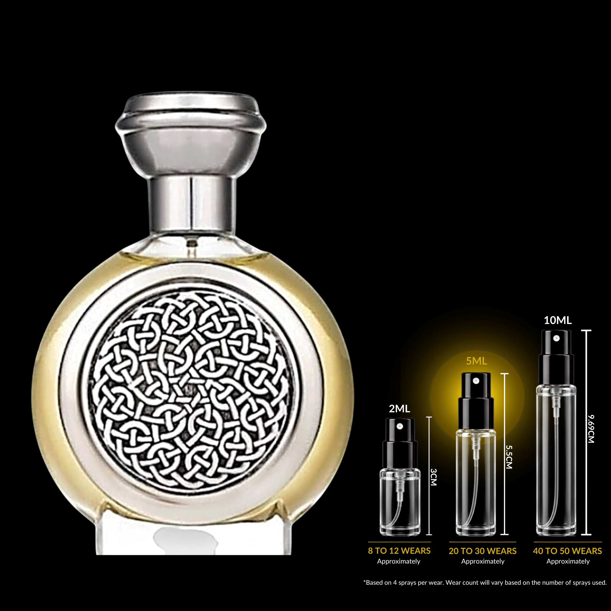 Gold and silver perfume bottle with intricate design on a black background
