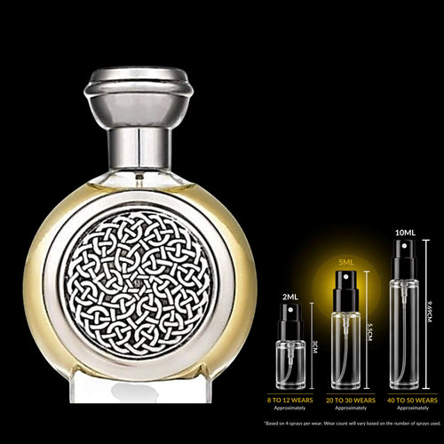Gold and silver perfume bottle with intricate design on a black background
