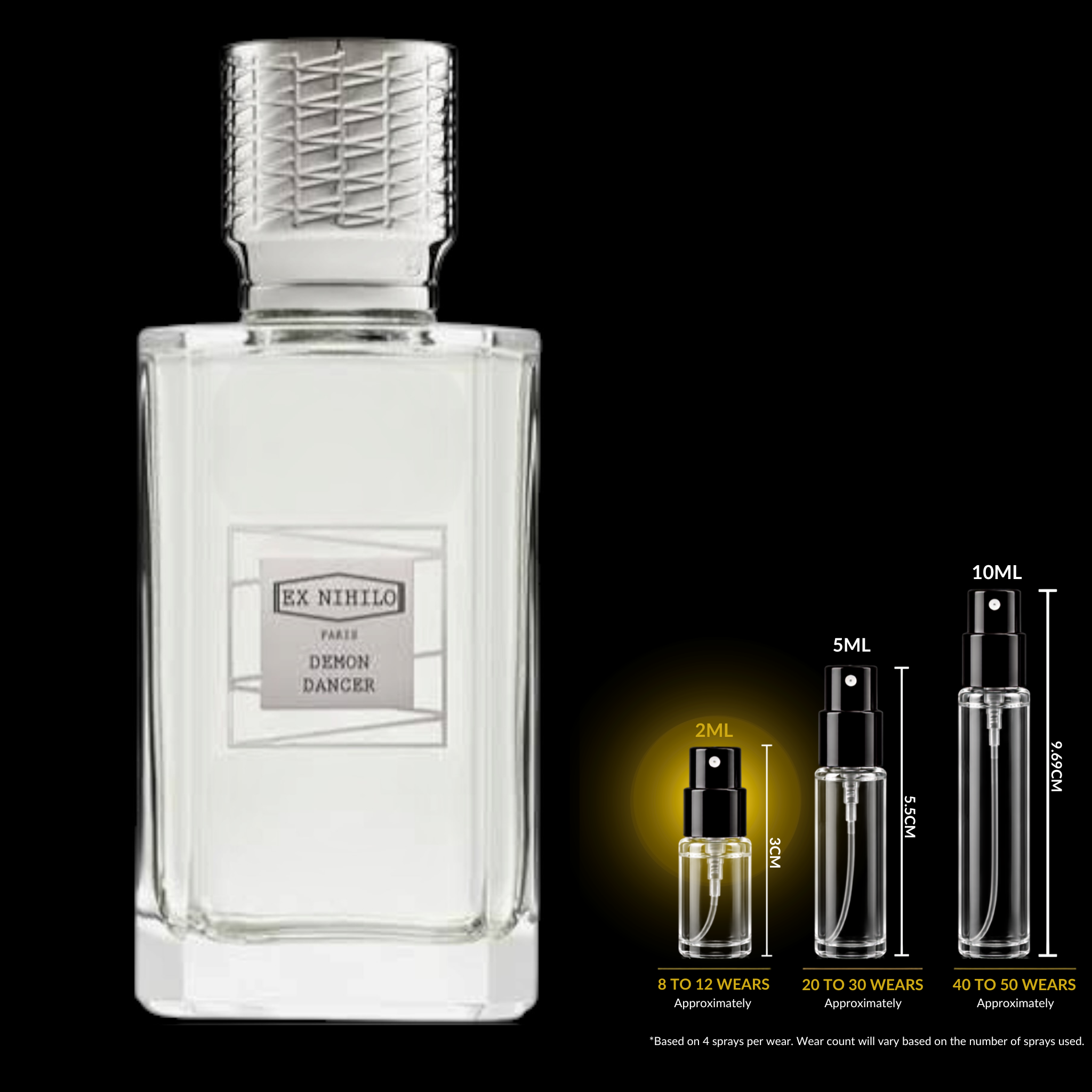 A clear rectangular perfume bottle labeled 'EX NIHILO PARIS DEMON DANCER' on a black background, with smaller spray vial size diagrams and text showing 2ML, 5ML, 10ML capacities and approximate wear counts.