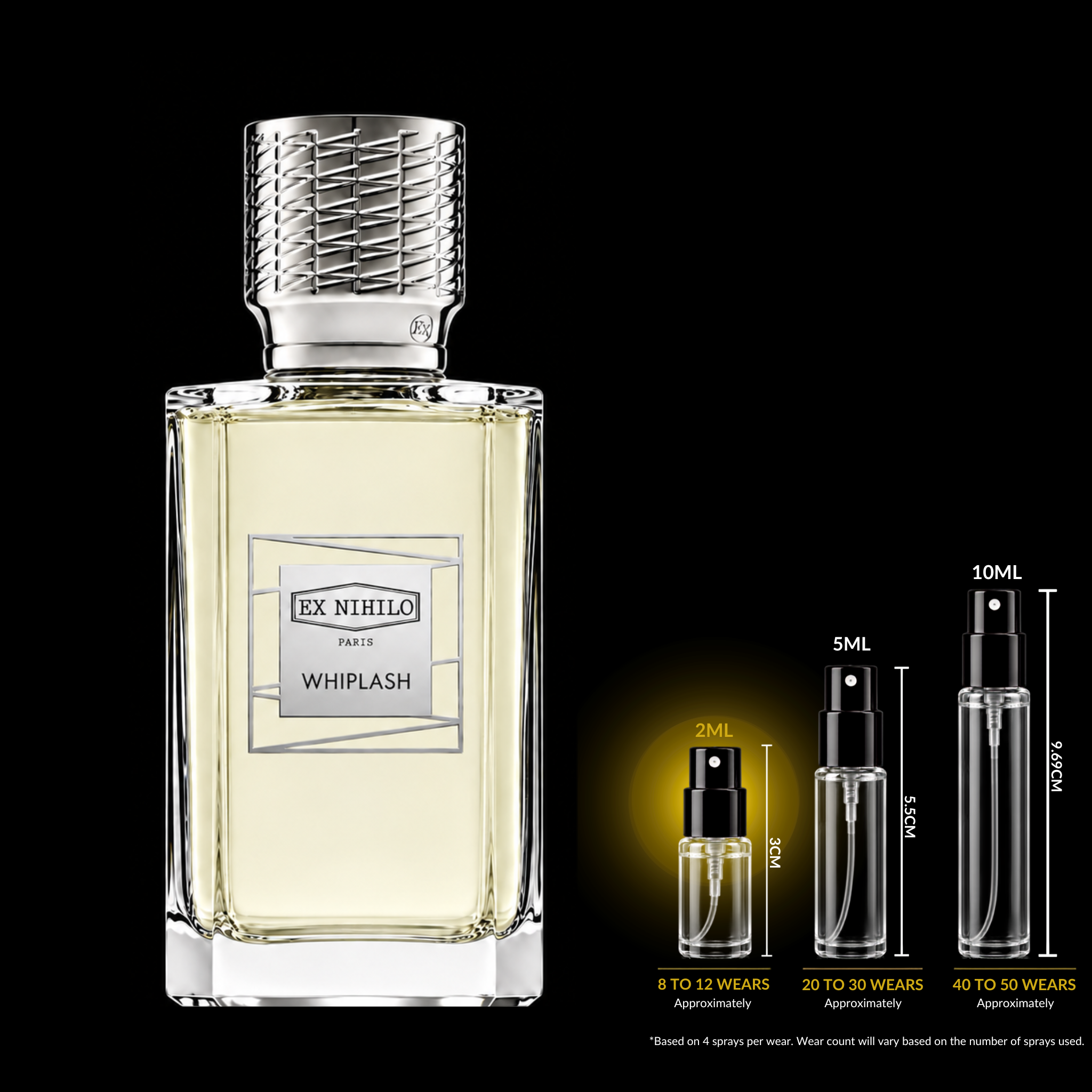 A rectangular glass perfume bottle labeled EX NIHILO PARIS WHIPLASH with pale yellow liquid and a textured silver cap, shown on a black background with three smaller spray vials and wear-count text to the right.