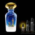 A blue and white perfume bottle with a gold cap and gold London Tower graphic, shown on a black background with small empty spray bottles and wear-count labels to the right.
