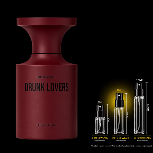 A matte dark red perfume bottle labeled 'DRUNK LOVERS' on a black background, with small spray vial size reference graphics and text on the right showing 2ML, 5ML, and 10ML capacities.