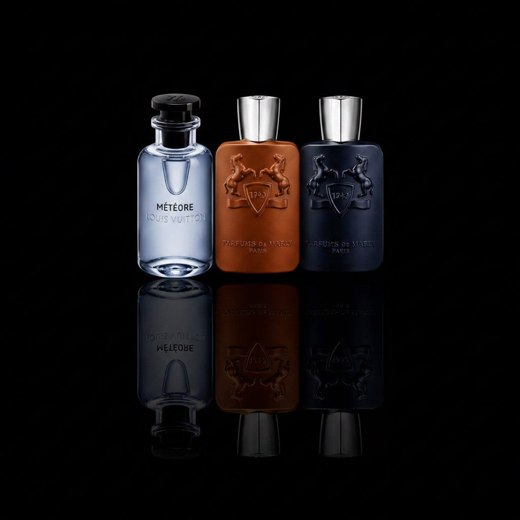 Three perfume bottles in blue, orange, and dark blue, arranged on a reflective black surface against a solid black background. 