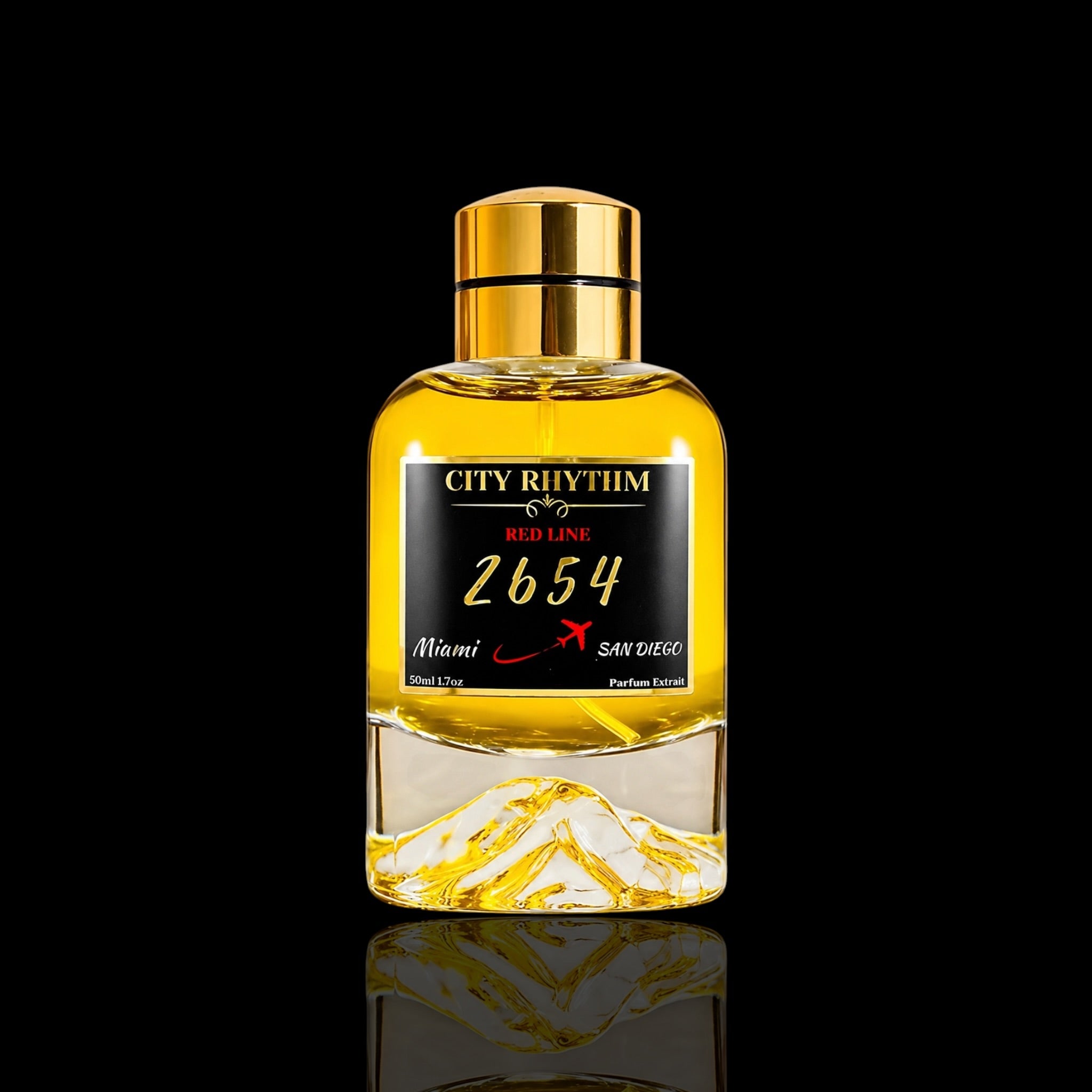 A bottle of City Rhythm 2654 Red Line perfume, featuring a clear glass bottle filled with golden-yellow liquid, a gold cap, and a black label with gold and red text, set against a solid black background with a reflection below.