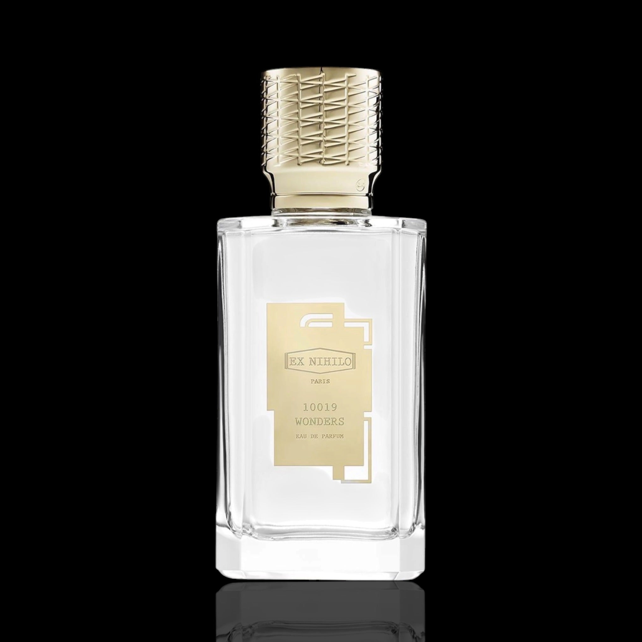 Ex Nihilo 10019 Wonders Perfume bottle with gold cap and label on a black background