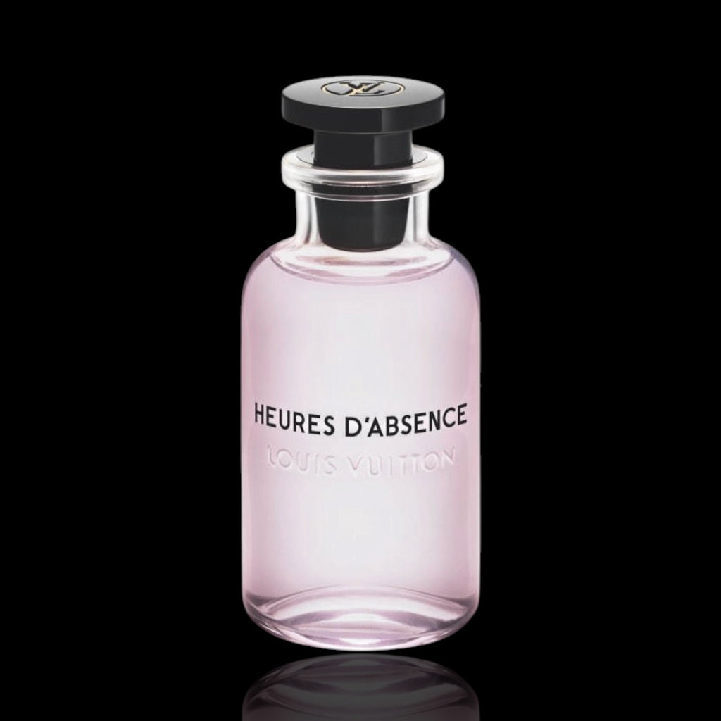Louis Vuitton heures d'absence perfume bottle labeled 'Heures d'Absence' on a black background