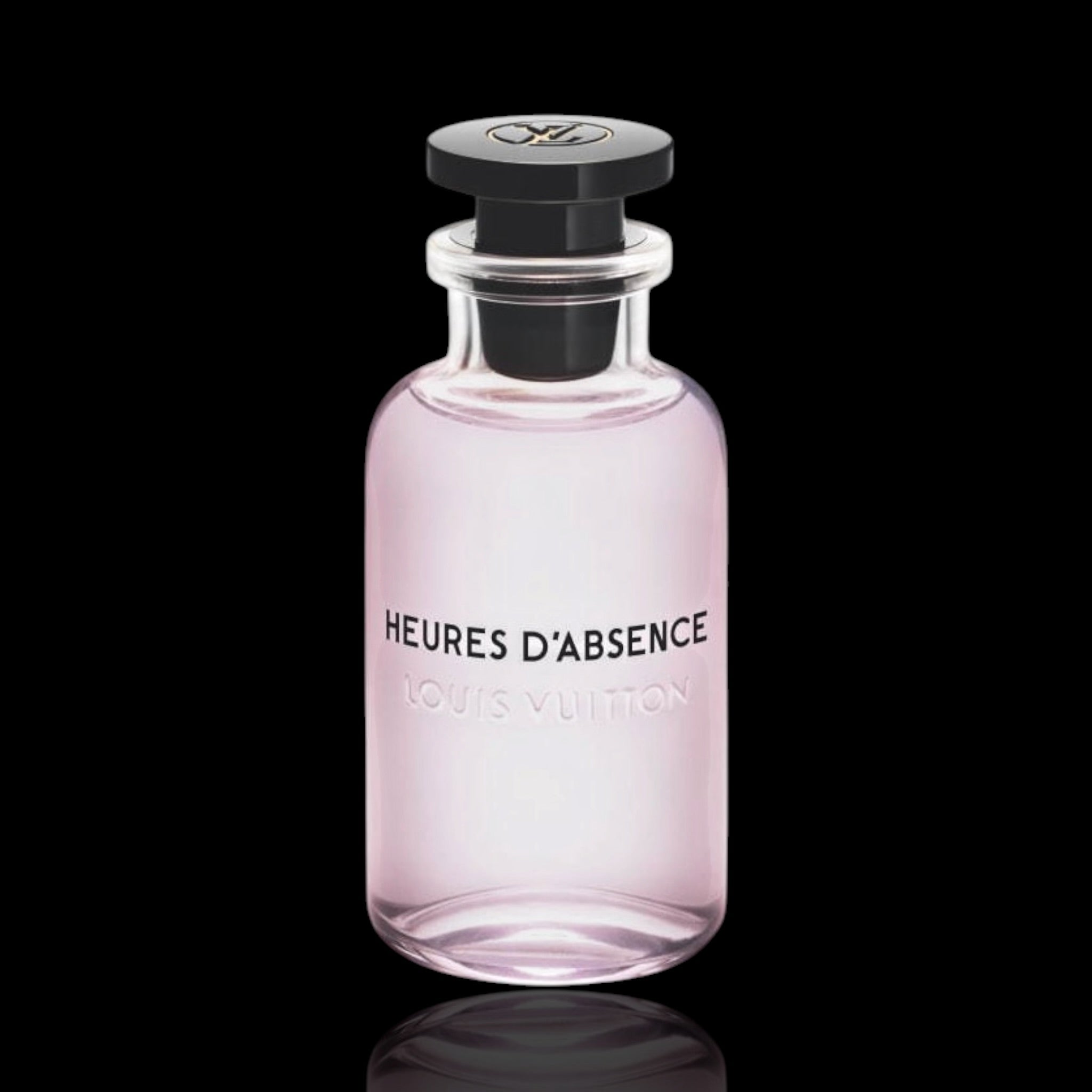 Louis Vuitton heures d'absence perfume bottle labeled 'Heures d'Absence' on a black background