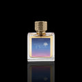 Memoirs of a perfume collector, California, love Perfume bottle with gold cap and gradient label on a black background