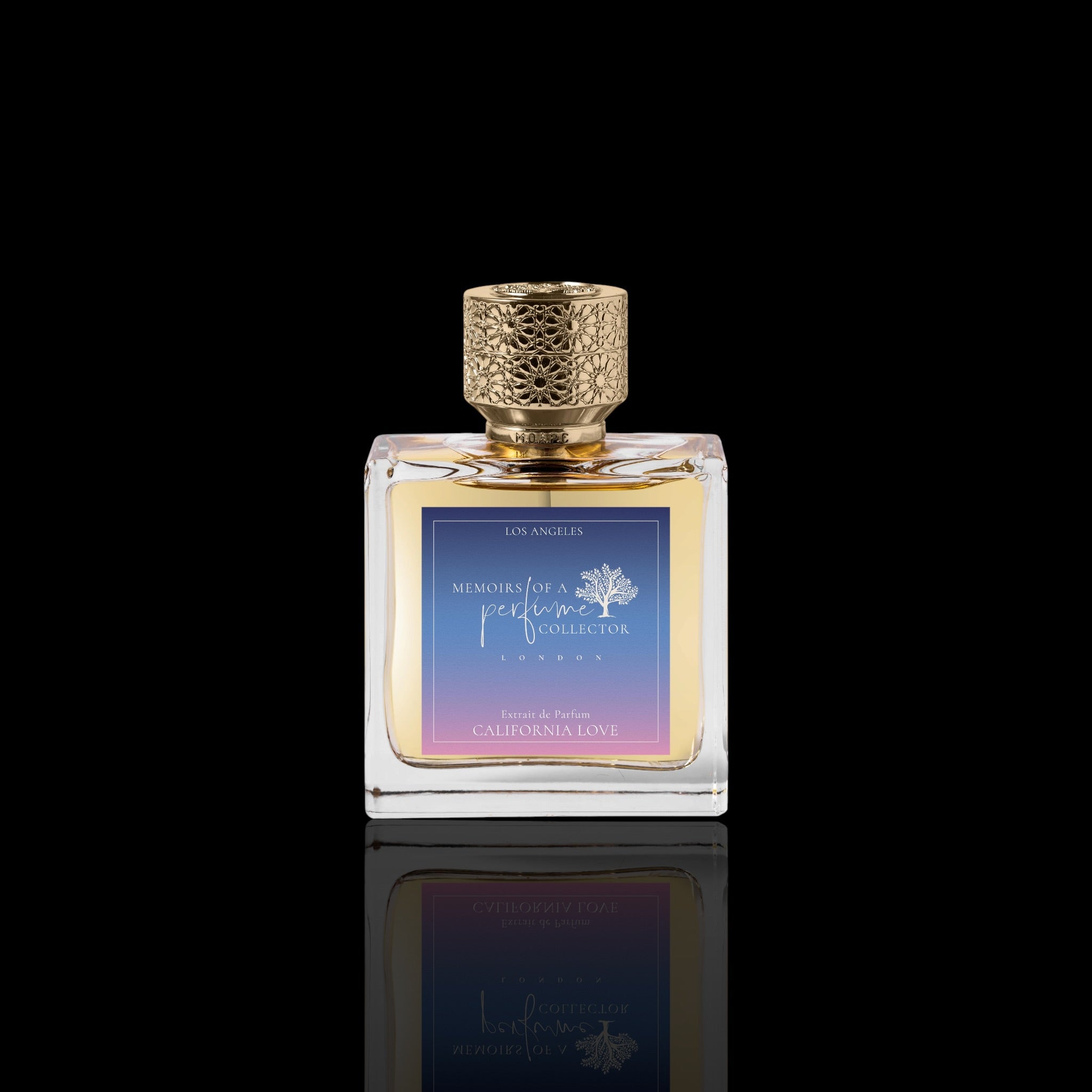 Memoirs of a perfume collector, California, love Perfume bottle with gold cap and gradient label on a black background