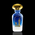 Widian Extrait de Parfum bottle with a blue glass body, gold cap, and London Big Ben design on the front, set against a solid black background.