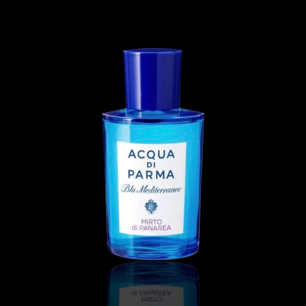 Acqua di Parma Blu Mediterraneo Mirto di Panarea bottle with bright blue glass and white label on a black reflective background.