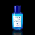 Acqua di Parma Blu Mediterraneo Mirto di Panarea bottle with bright blue glass and white label on a black reflective background.