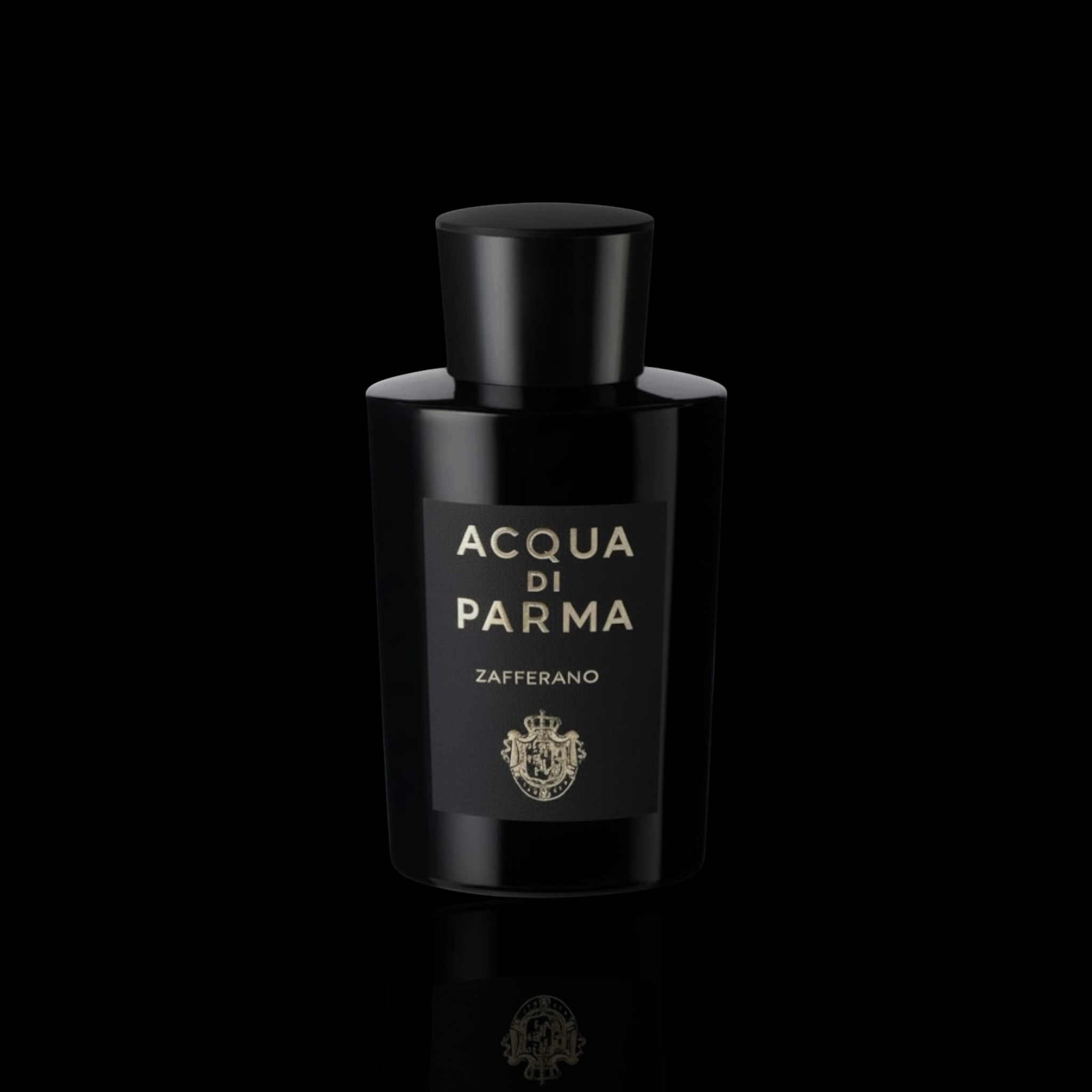Acqua di Parma Zafferano bottle with black glass and gold lettering on a black reflective background.