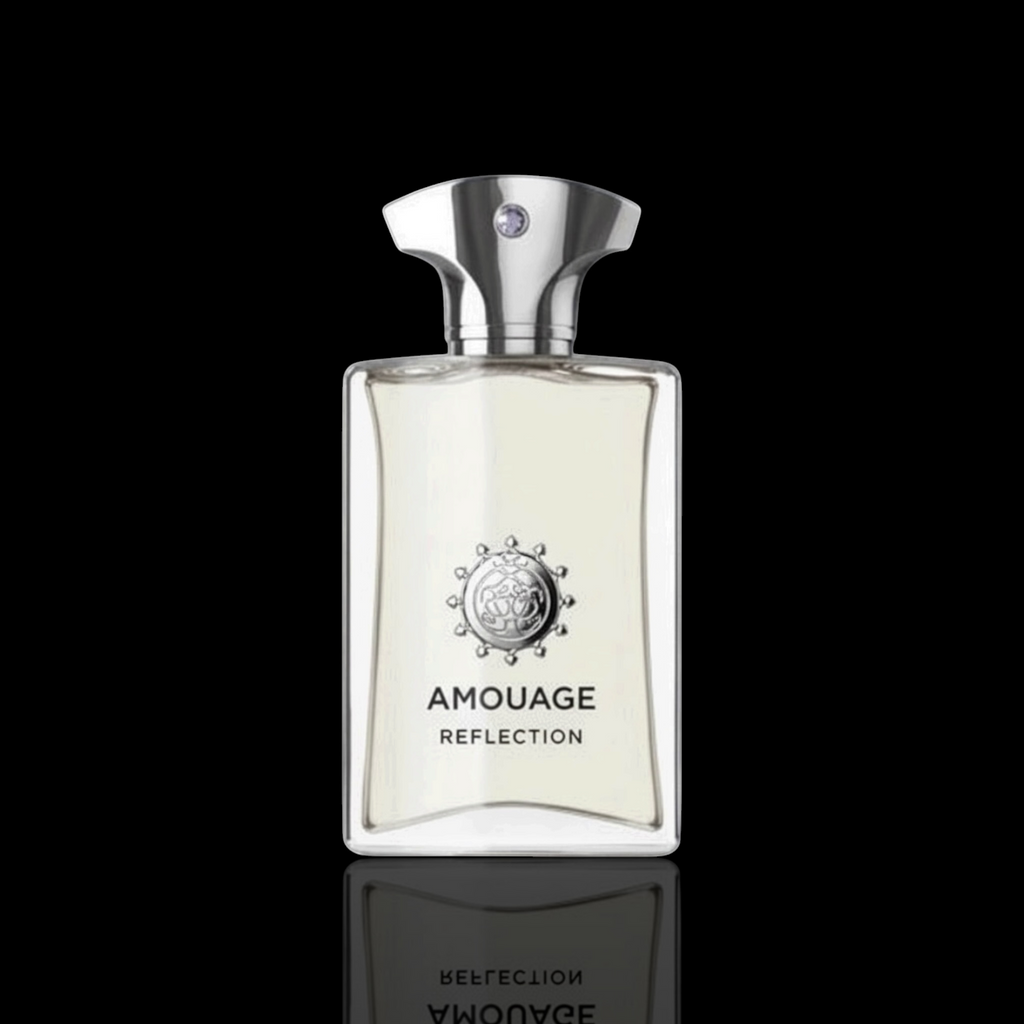Amouage Reflection Man bottle with white glass and silver accents on a black reflective background.