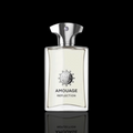 Amouage Reflection Man bottle with white glass and silver accents on a black reflective background.
