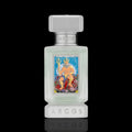 Argos Neptune’s Trident Extrait de Parfum bottle with frosted white glass and mythological artwork on a black reflective background.