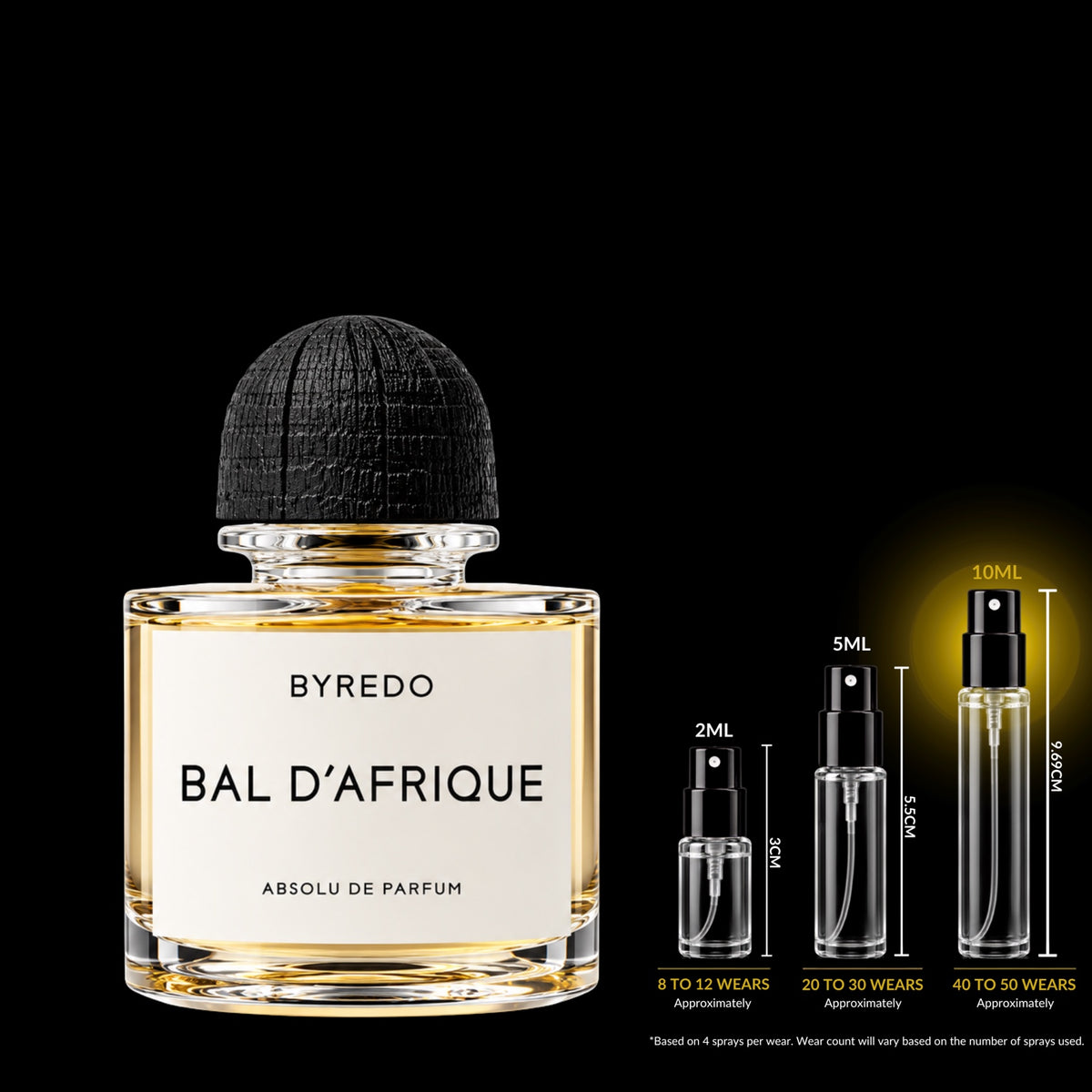 Byredo Bal d’Afrique Absolu de Parfum bottle with textured black cap beside glass decant sprays on a black background; 10 mL size highlighted. Retail bottle not included with decants.