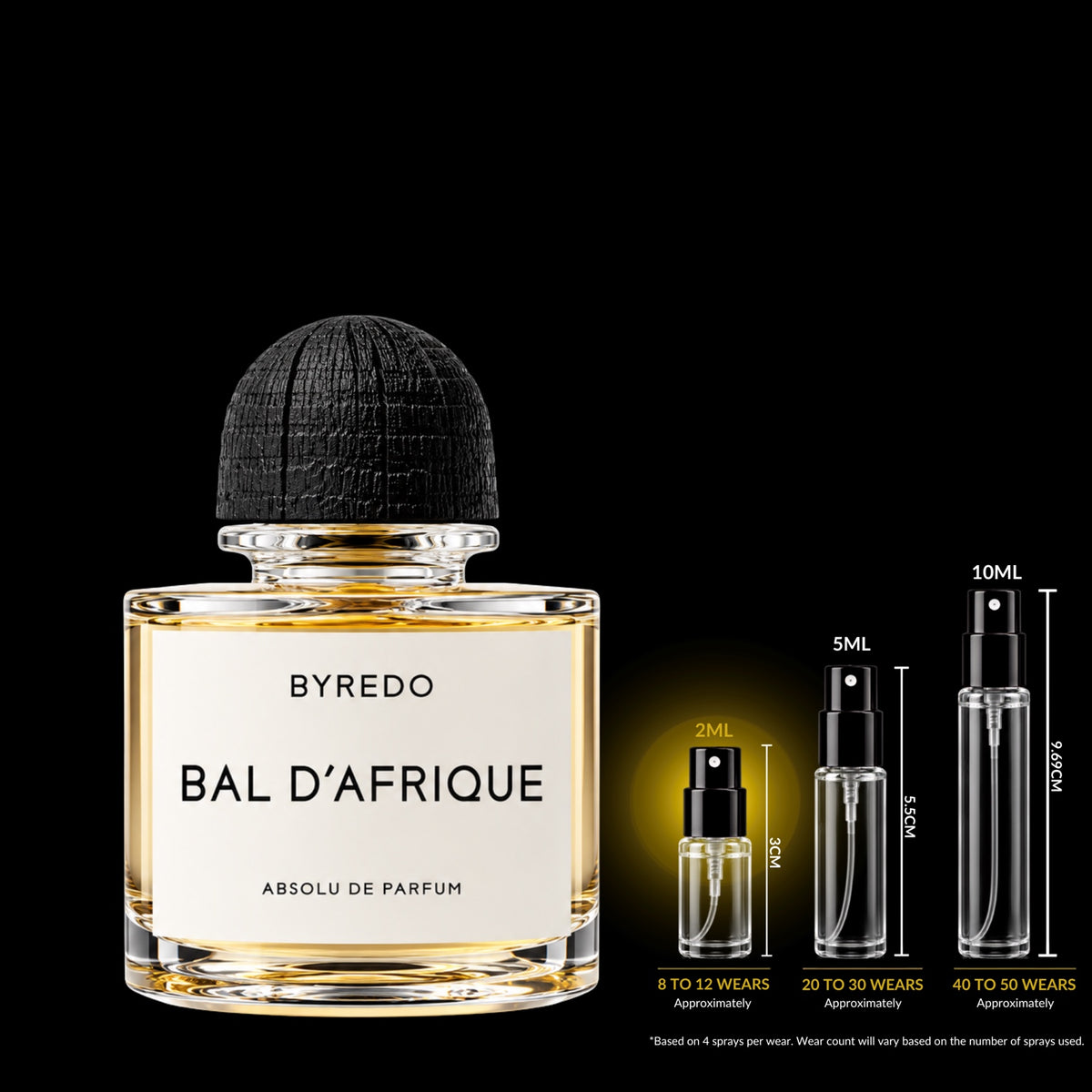 Byredo Bal d’Afrique Absolu de Parfum bottle with textured black cap beside glass decant sprays on a black background; 2 mL size highlighted. Retail bottle not included with decants.
