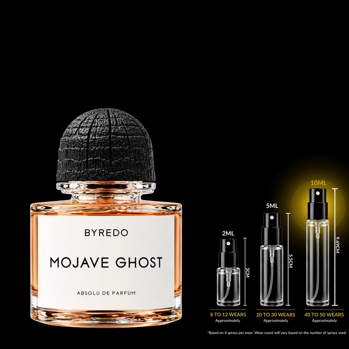 Byredo Mojave Ghost Absolu de Parfum bottle with textured black cap beside glass decant sprays on a black background; 10 mL size highlighted. Original retail bottle not included.