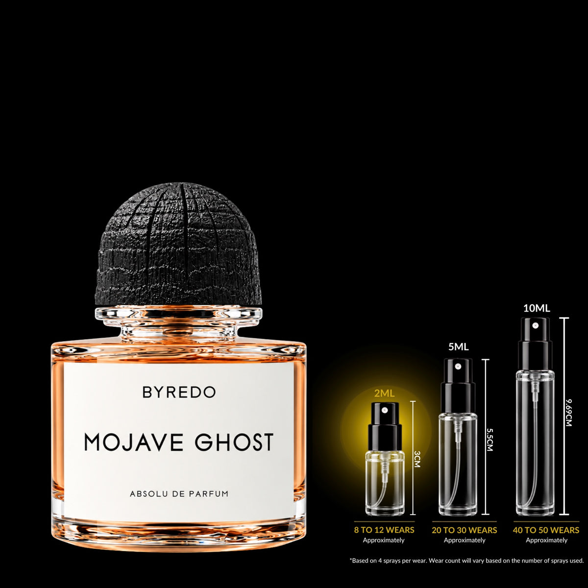 Byredo Mojave Ghost Absolu de Parfum bottle with textured black cap beside glass decant sprays on a black background; 2 mL size highlighted. Original retail bottle not included.