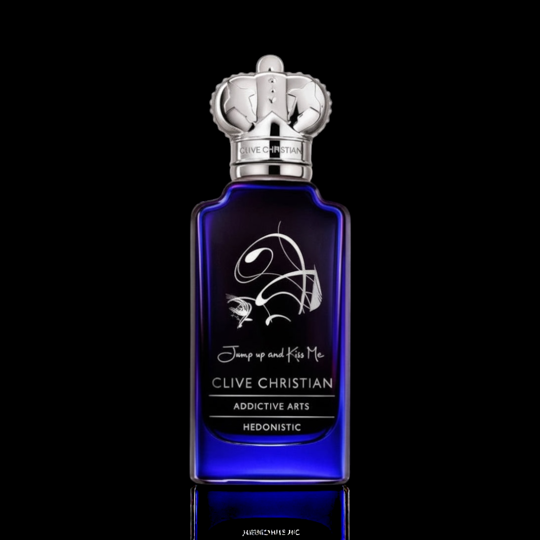 Clive Christian Jump Up and Kiss Me Hedonistic bottle with deep blue glass and silver crown cap on a black reflective background.