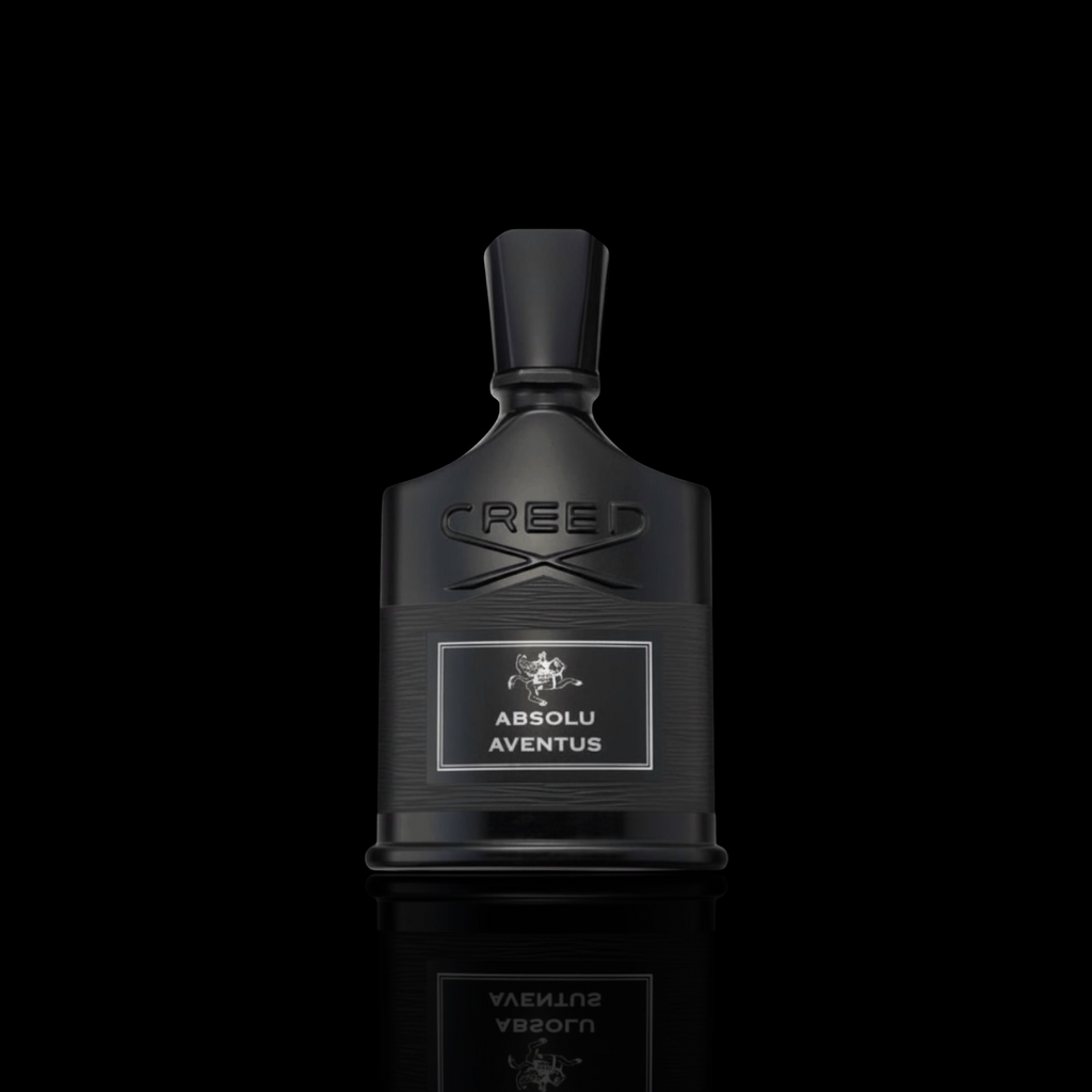 Creed Absolu Aventus bottle with black finish and black label on a black background