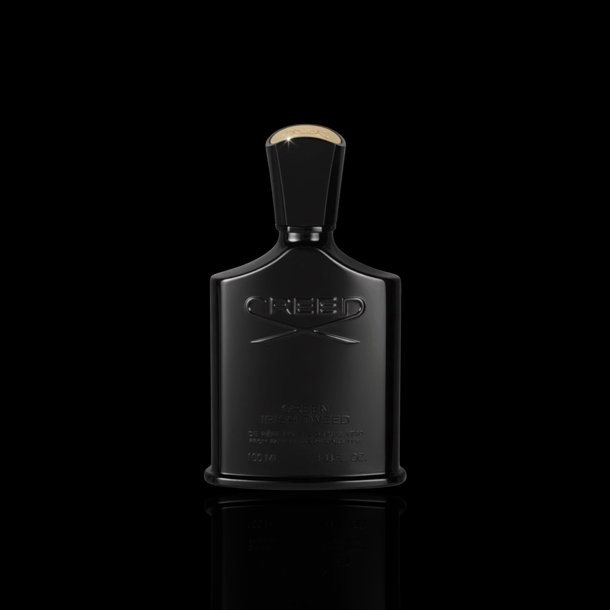 Creed Green Irish Tweed bottle with black finish on a black background