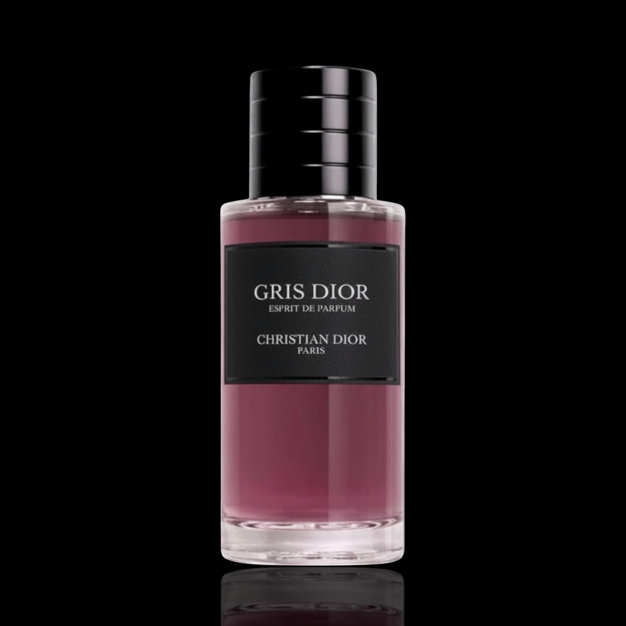 Dior Gris Dior Esprit de Parfum bottle with rose-colored fragrance and black label on a black reflective background.