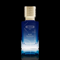Ex Nihilo Blue Talisman Eau de Parfum bottle with blue gradient glass and gold accents on a black reflective background.
