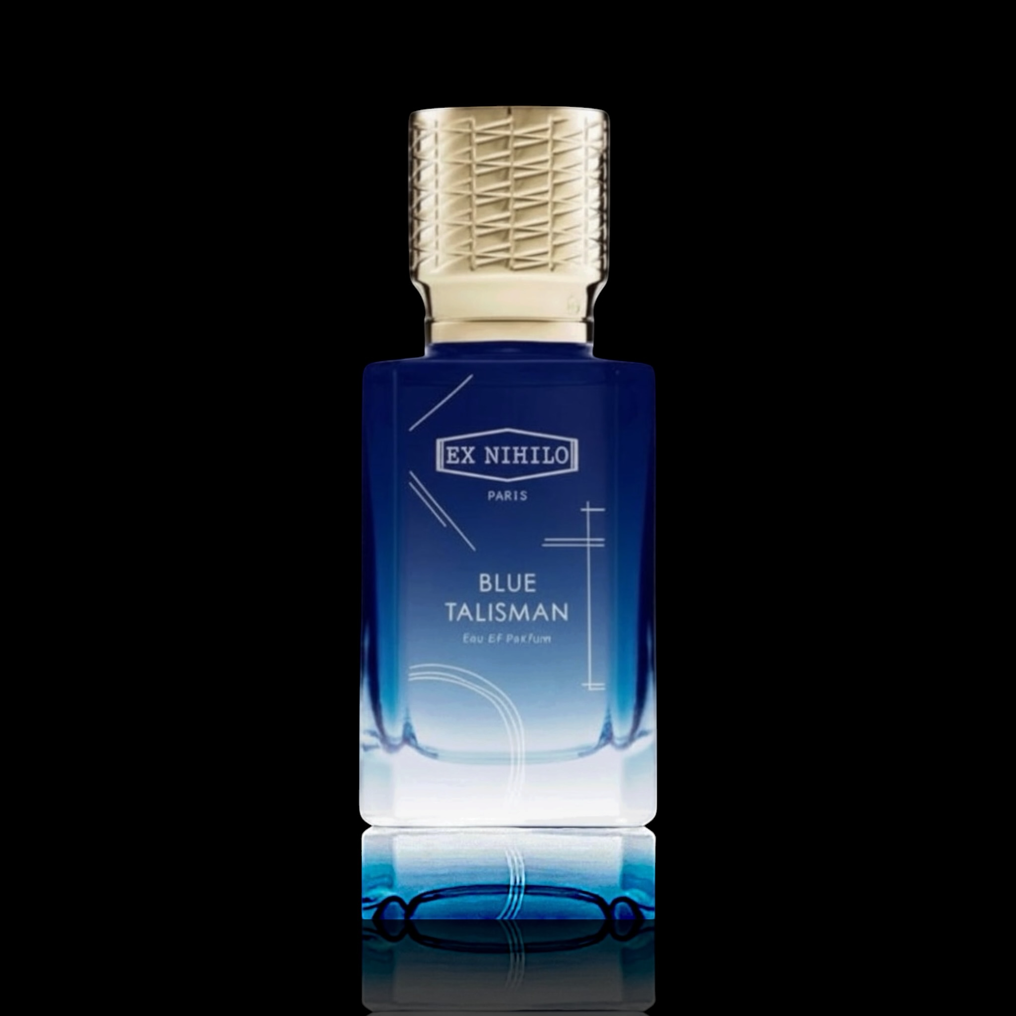 Ex Nihilo Blue Talisman Eau de Parfum bottle with blue gradient glass and gold accents on a black reflective background.