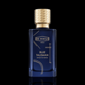 Ex Nihilo Blue Talisman Extrait de Parfum bottle with deep blue glass and gold accents on a black reflective background.