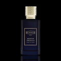Ex Nihilo Brompton Immortals Extrait de Parfum bottle with deep blue glass and silver cap on a black reflective background.