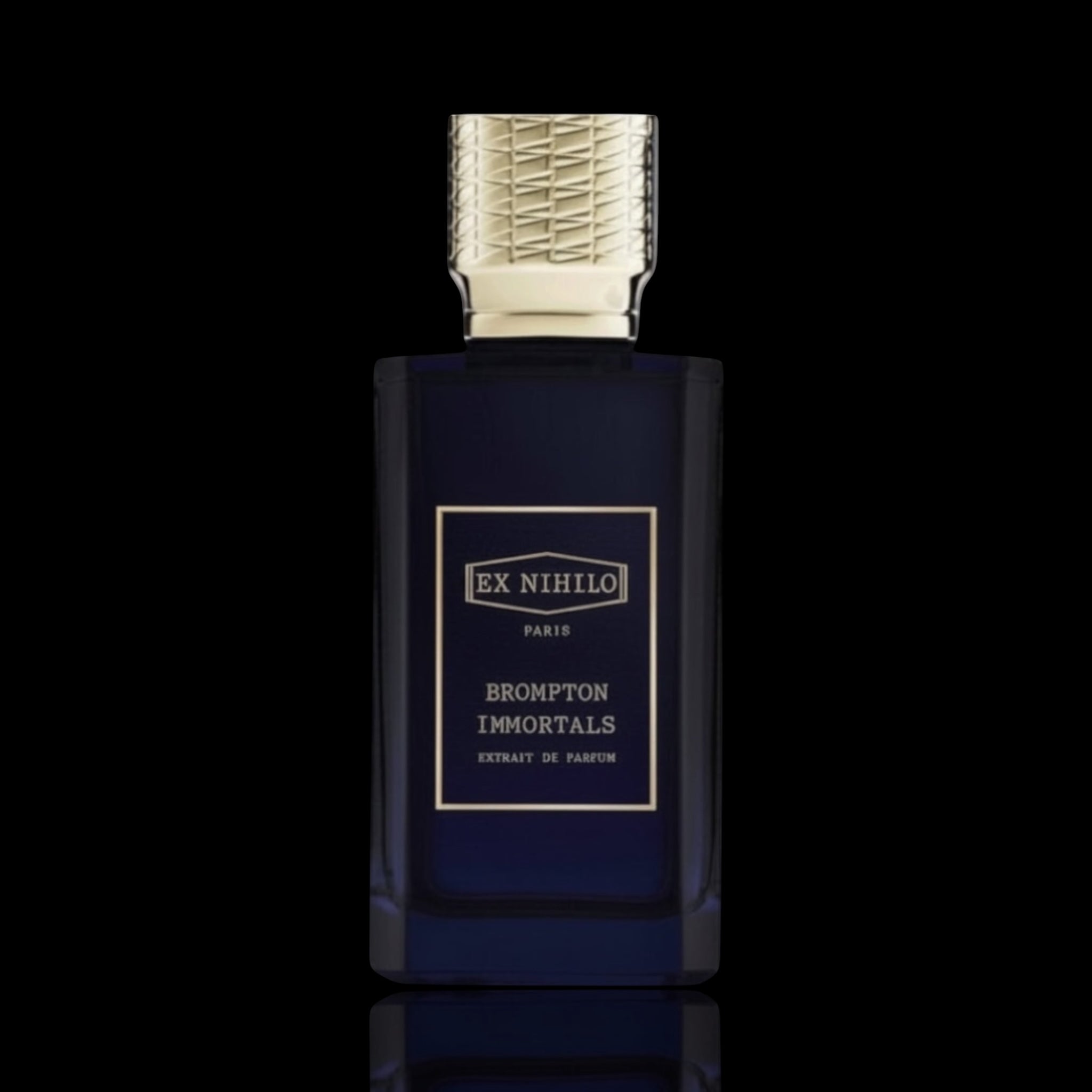 Ex Nihilo Brompton Immortals Extrait de Parfum bottle with deep blue glass and silver cap on a black reflective background.