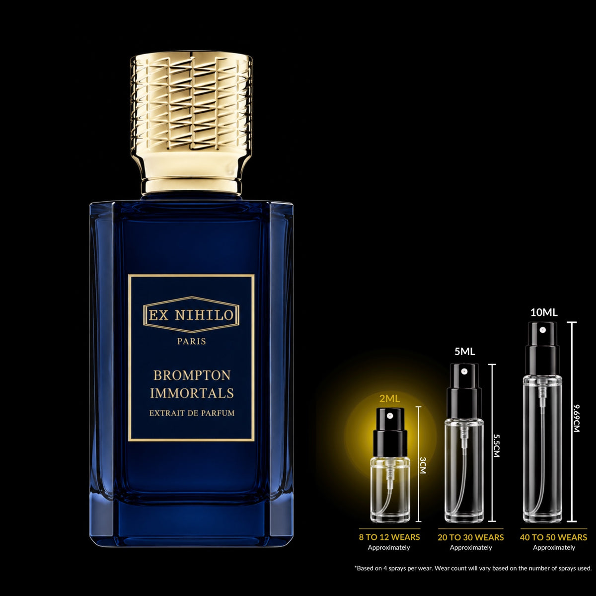 Ex Nihilo Brompton Immortals Extrait de Parfum blue bottle with gold cap beside glass decant sprays on a black background; 2 mL size highlighted. Original retail bottle not included.