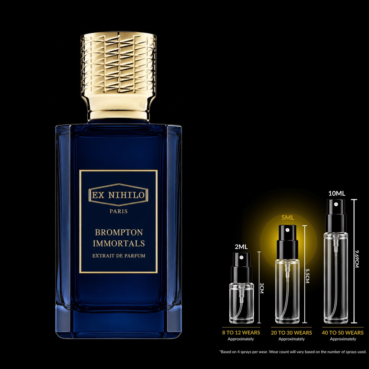 Ex Nihilo Brompton Immortals Extrait de Parfum blue bottle with gold cap beside glass decant sprays on a black background; 5 mL size highlighted. Original retail bottle not included.