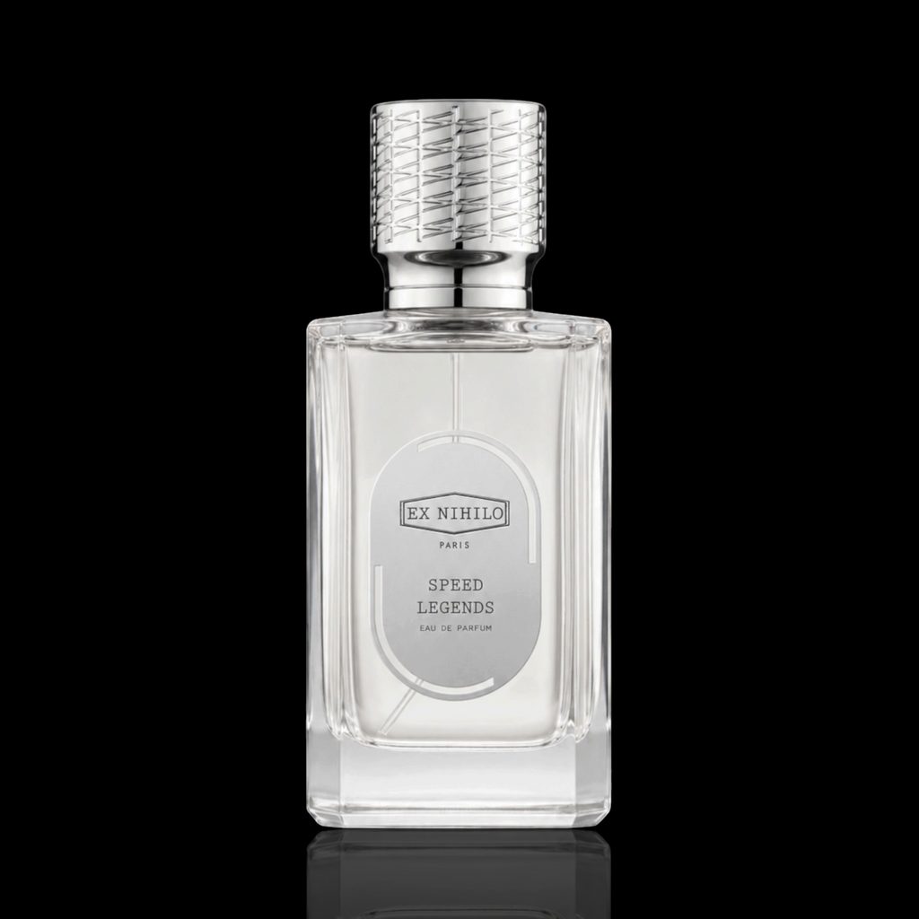 Ex Nihilo Speed Legends Eau de Parfum bottle with clear glass and silver accents on a black reflective background.