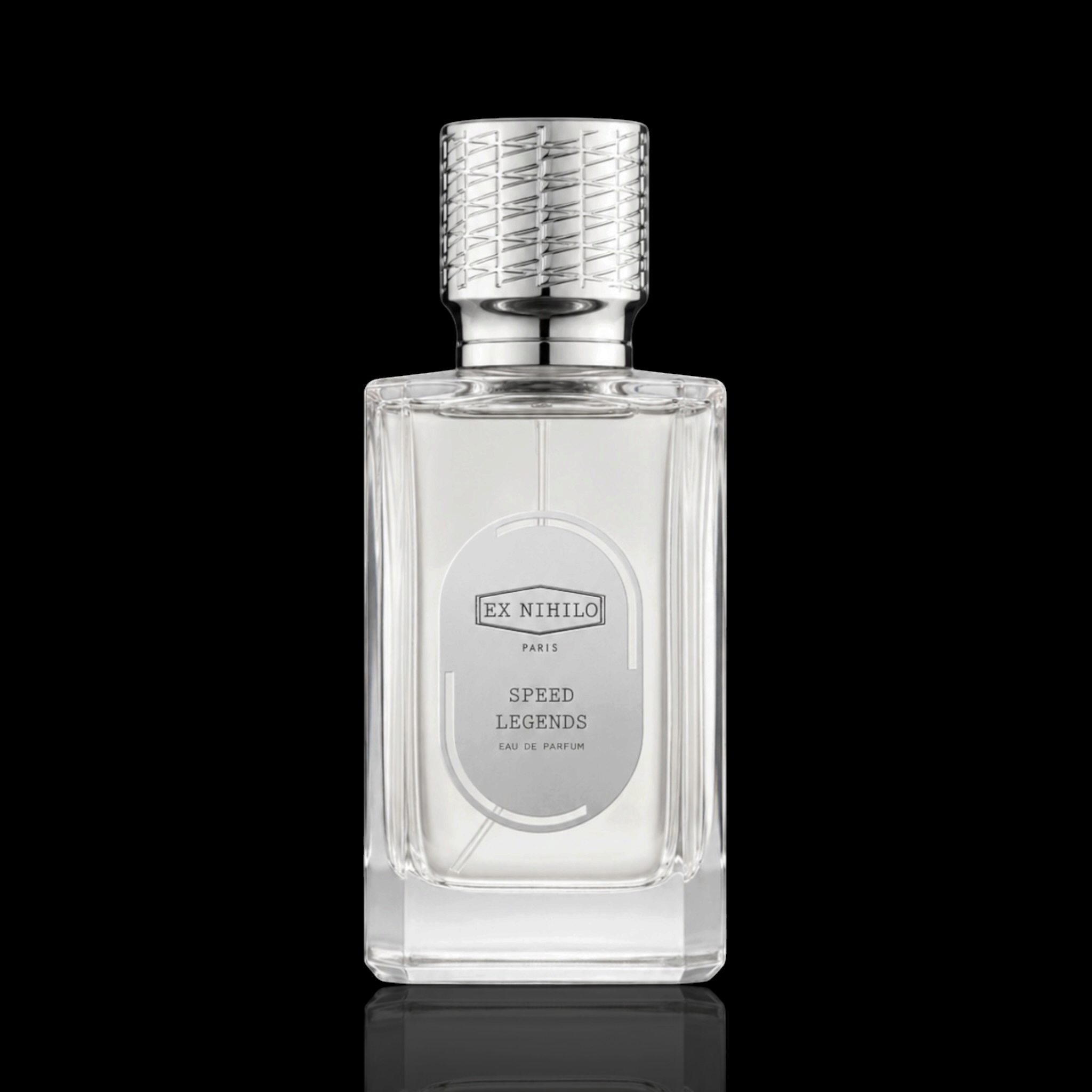 Ex Nihilo Speed Legends Eau de Parfum bottle with clear glass and silver accents on a black reflective background.