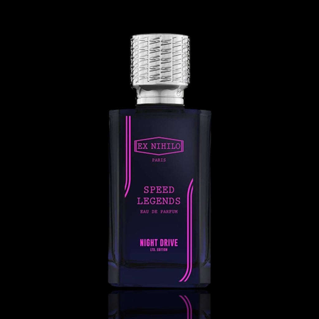 Perfume bottle labeled 'Ex Nihilo Paris Speed Legends night drive on a black background