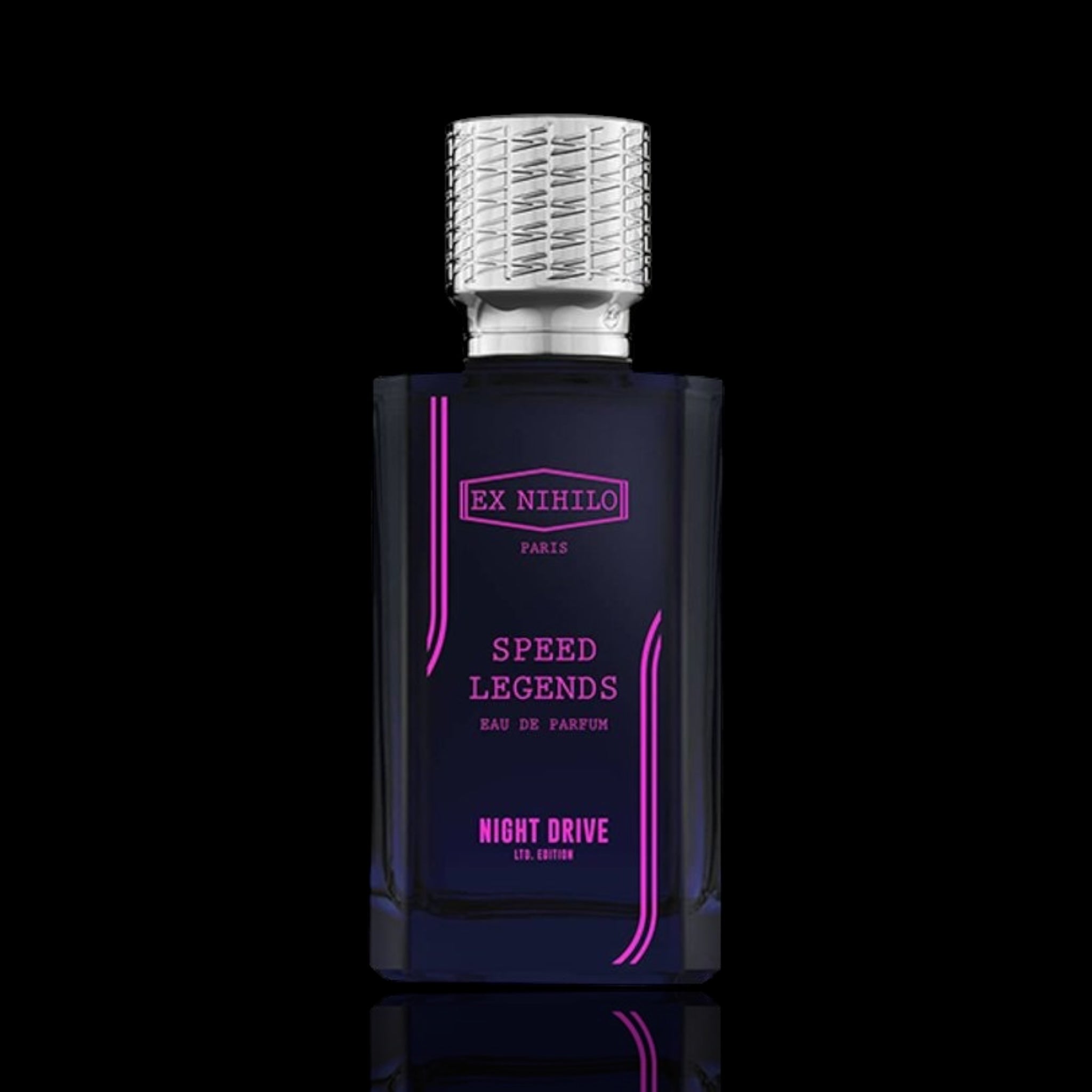 Perfume bottle labeled 'Ex Nihilo Paris Speed Legends night drive on a black background