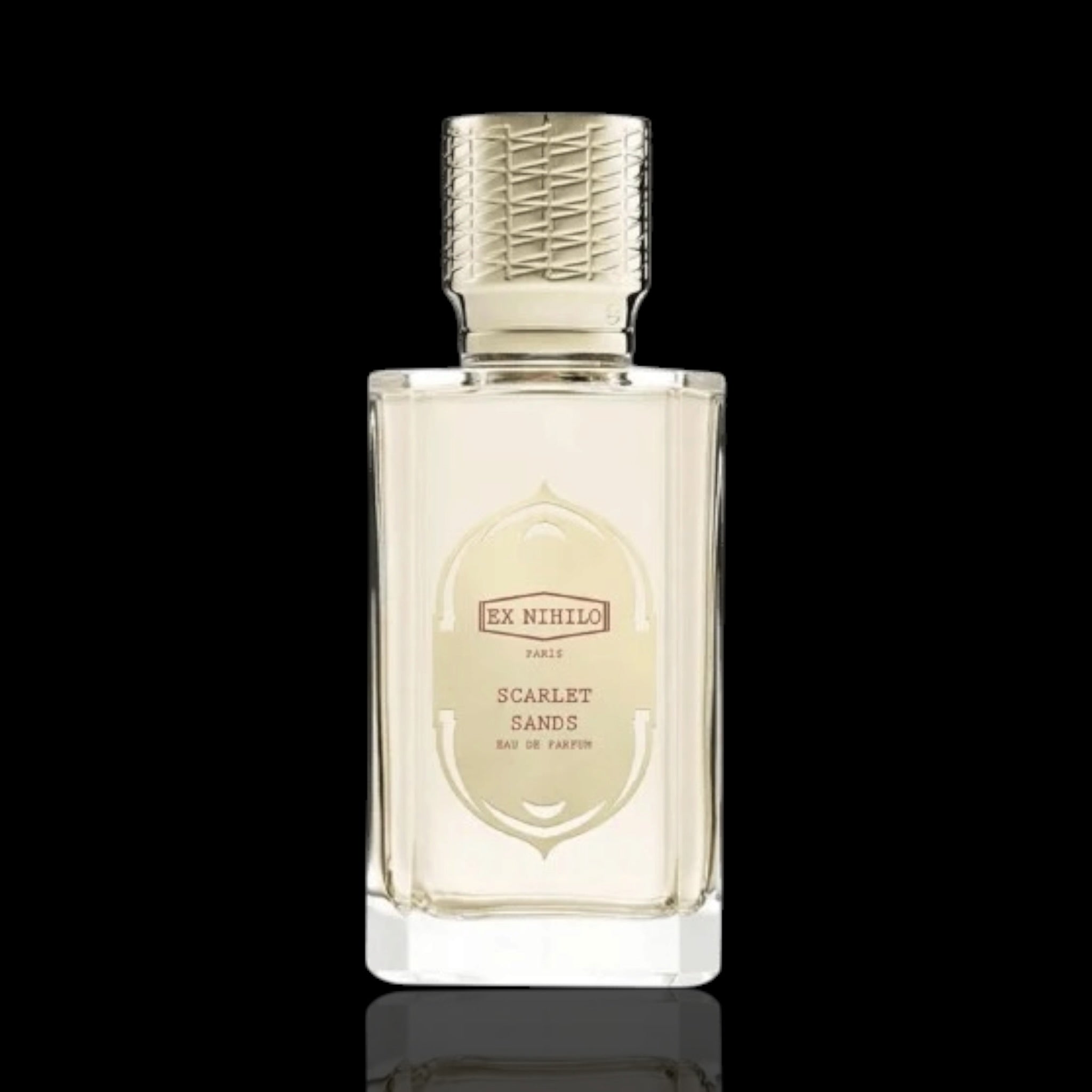 Perfume bottle labeled rare exclusive ‘Ex Nihilo Scarlet Sands' on a black background