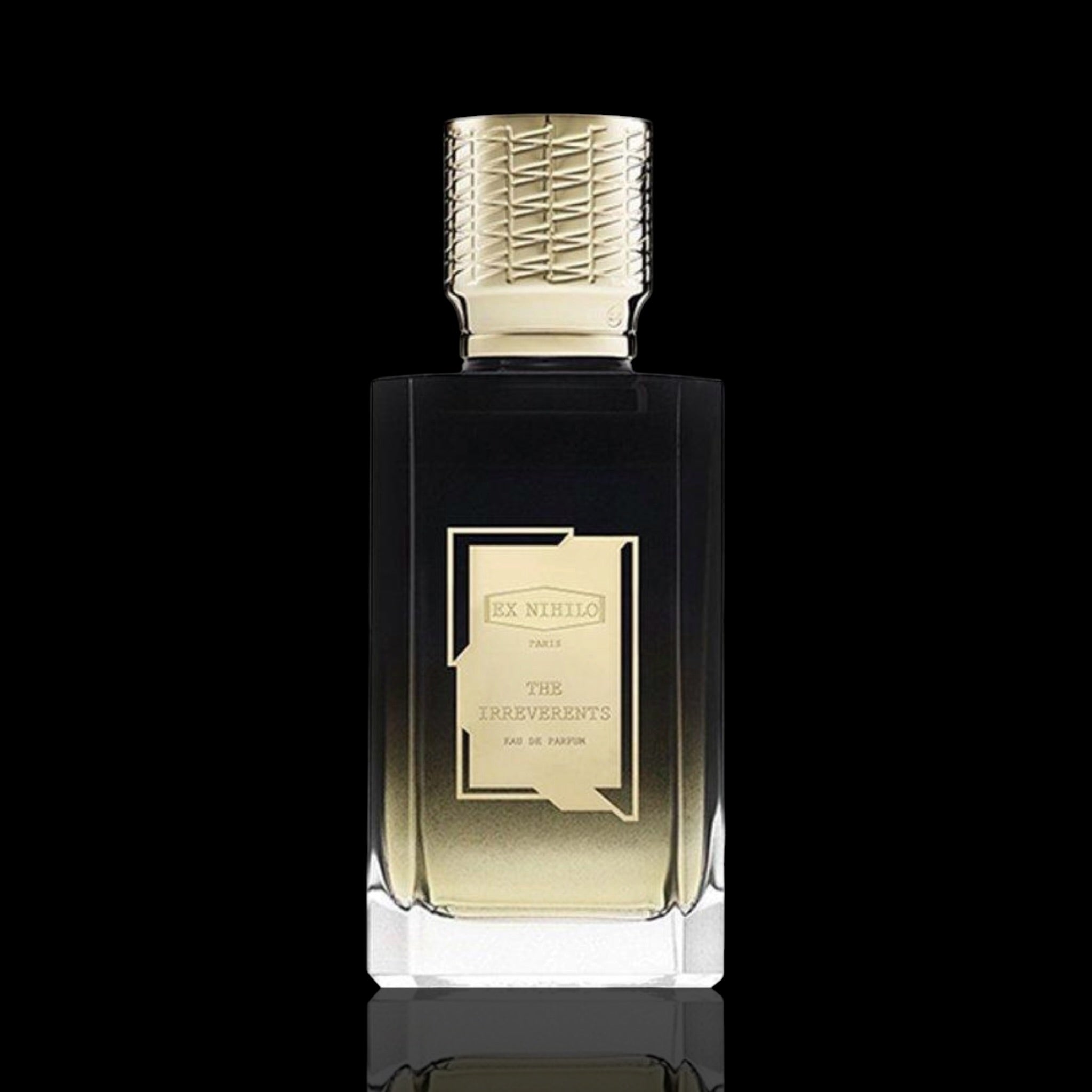 Ex Nihilo The Irreverents Harrods Perfume bottle with gold cap and label on a black background