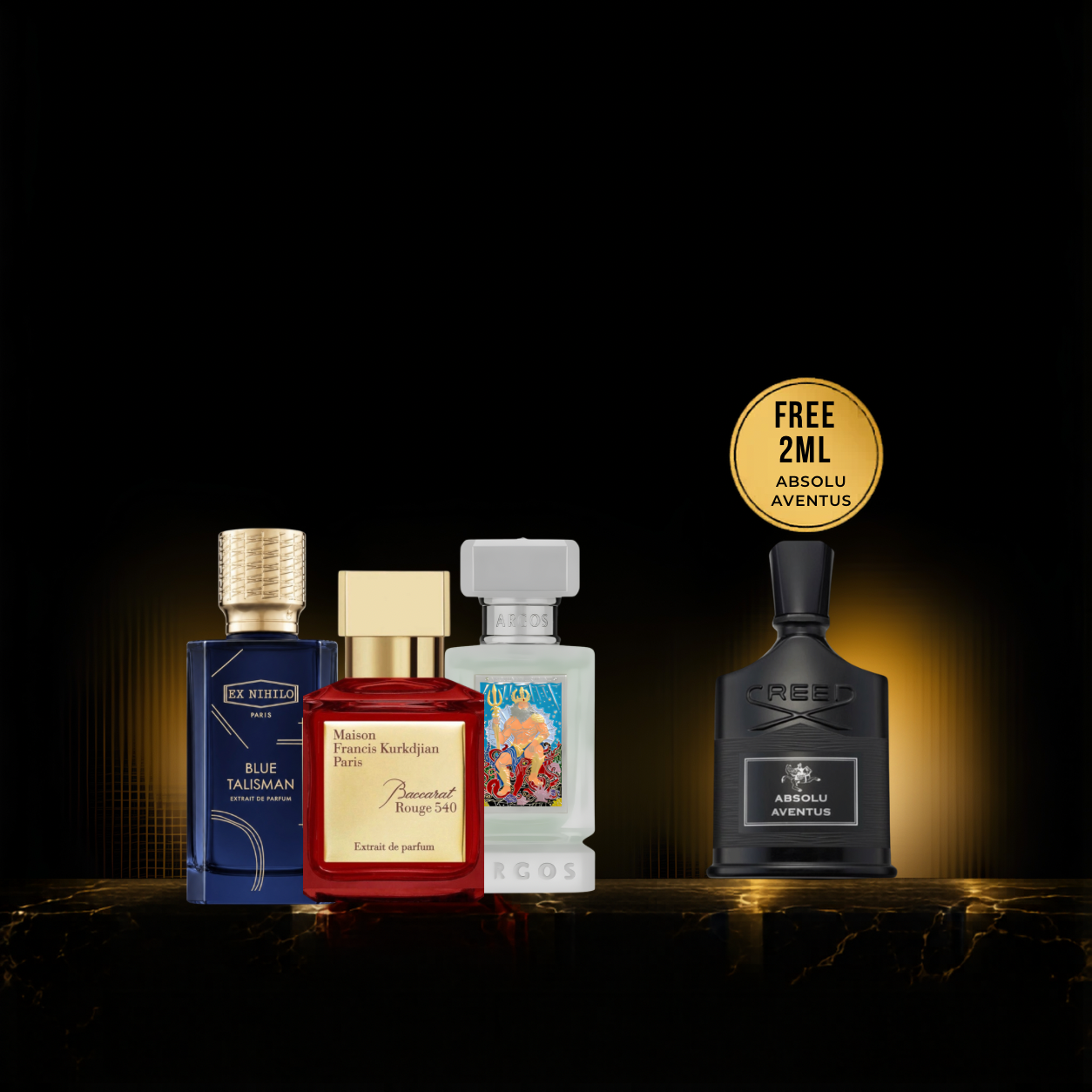 Father’s Day fragrance discovery set featuring Ex Nihilo Blue Talisman, Maison Francis Kurkdjian Baccarat Rouge 540 Extrait, Creed Absolu Aventus, and Fragrance Du Bois Lucius.