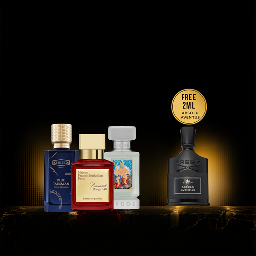 Father’s Day fragrance discovery set featuring Ex Nihilo Blue Talisman, Maison Francis Kurkdjian Baccarat Rouge 540 Extrait, Creed Absolu Aventus, and Fragrance Du Bois Lucius.