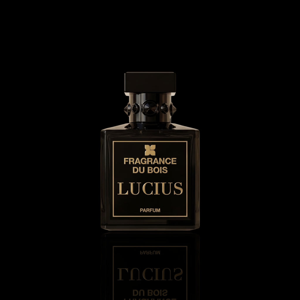 Fragrance Du Bois Lucius Parfum bottle with black and gold design on a black reflective background.