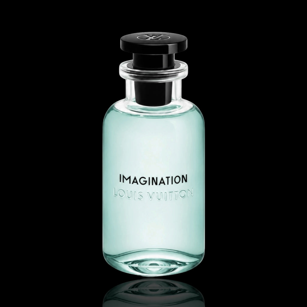 Louis Vuitton Imagination bottle with light aqua-tinted glass and black cap on a black reflective background.